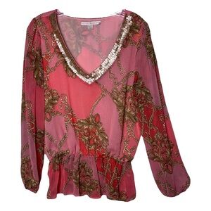 Boston Proper | Pink Gold Filigree Print Sequined Peplum Blouse Top, Small